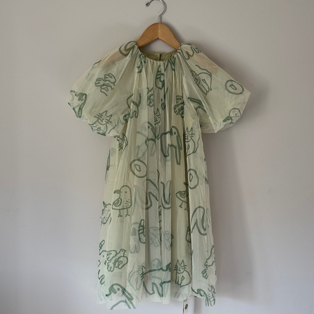 Kids' Puffy Sleeve Tulle Dress in Pale Green with Playful Print